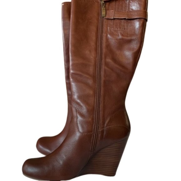 Guess Shoes - Guess Rich Brown Leather Knee High Wedge Boots 9